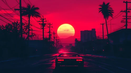 Neon city sunset ignites wet highway behind sports car.