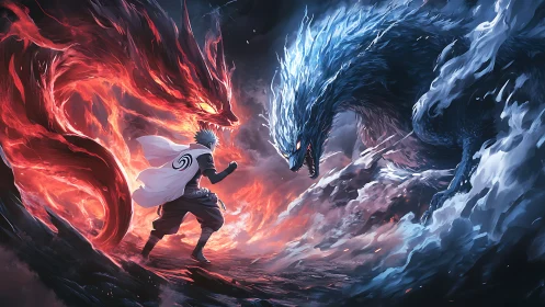 Human figure confronts opposing red and blue elemental beasts