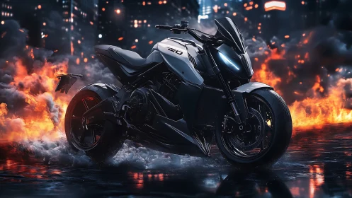 Cyberpunk sport bike amid incendiary urban skyline composition.
