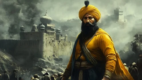 Turbaned warrior stands before smoky fortified palace walls