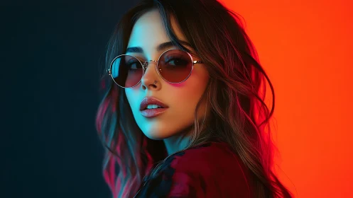 Neon-lit portrait unites cool cyan shadows and warm glow.