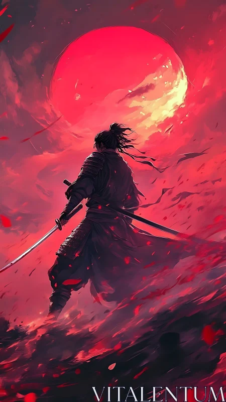 Lone samurai beneath a blazing red moon, poised in silence.