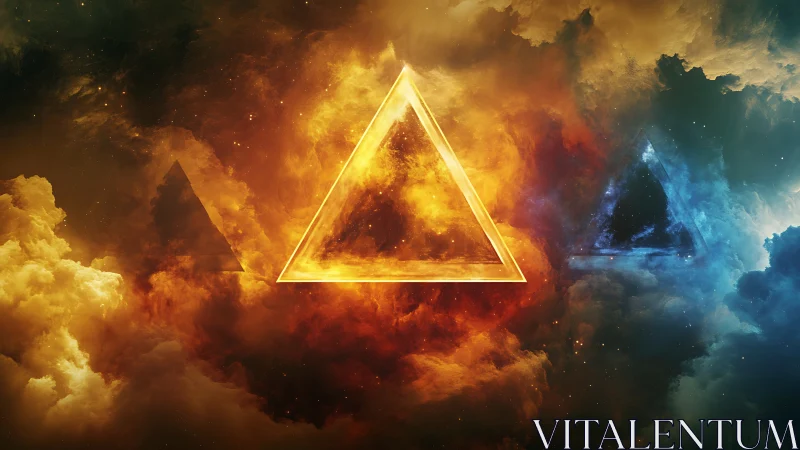 Radiant glowing triangles drift quietly through stormy nebula