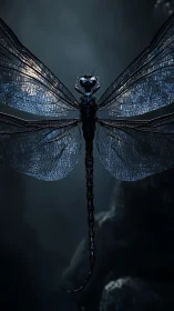 Backlit dragonfly macro with iridescent veined wings.