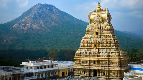 Golden temple tower rises peacefully against lush green hills