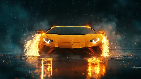 Fire-drenched supercar knifes through rain like molten thunder