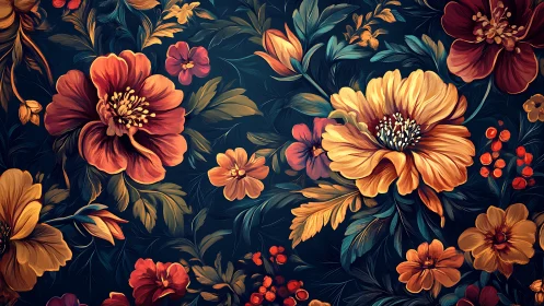 Baroque Botanical Composition with Warm Floral Gradients and Deep Navy Ground
