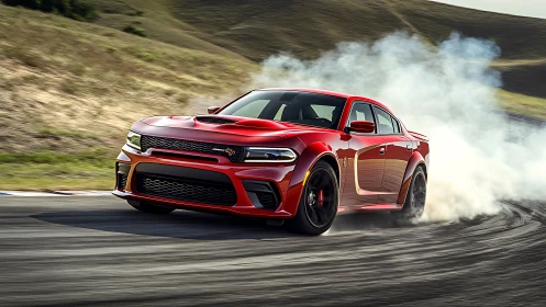 High-torque red muscle sedan executing controlled drift maneuver.