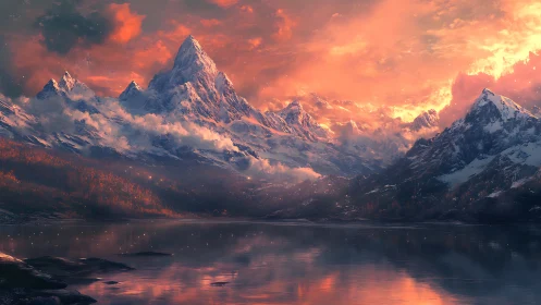 Sunlit snow peaks rise over reflective alpine lake at dusk
