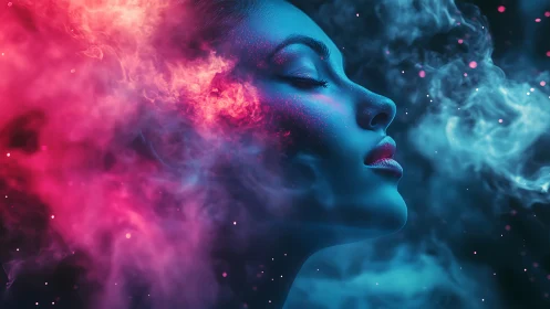 Surreal neon portrait of woman in swirling colored smoke.