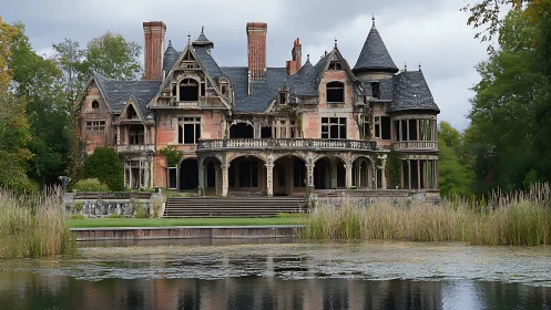 Abandoned lakeside Victorian manor with ornate decayed facade.