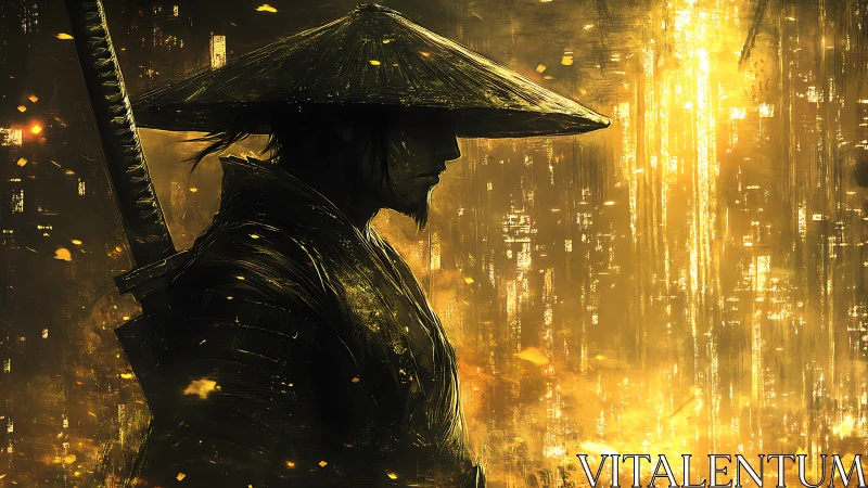 Lone samurai silhouette bathed in molten golden light.