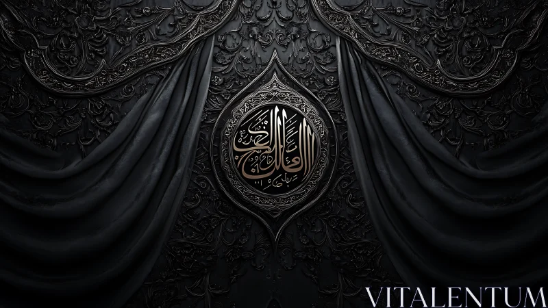 Velvet night drapery crowning a luminous Arabic emblem.