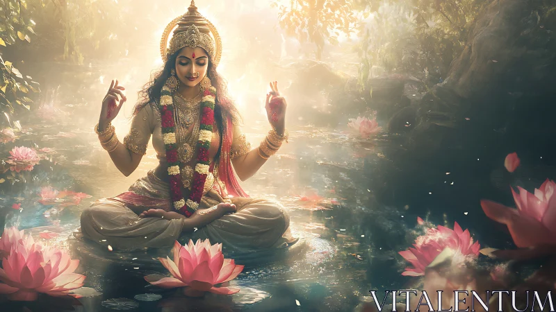 Divine female figure sits cross-legged on lotus-covered water