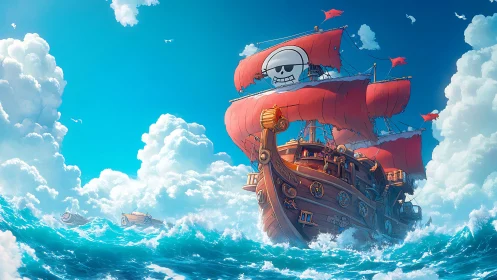 Crimson pirate galleon surging through stylized ocean waves.