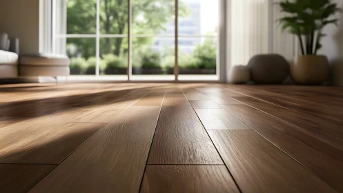 Warm sunlit wooden floor welcomes a calm, open living space
