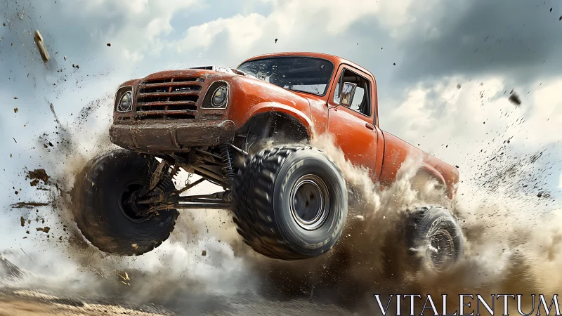 Orange lifted truck traversing muddy off-road terrain.
