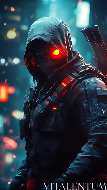 Cybernetic hooded operative stands in neon urban backlight