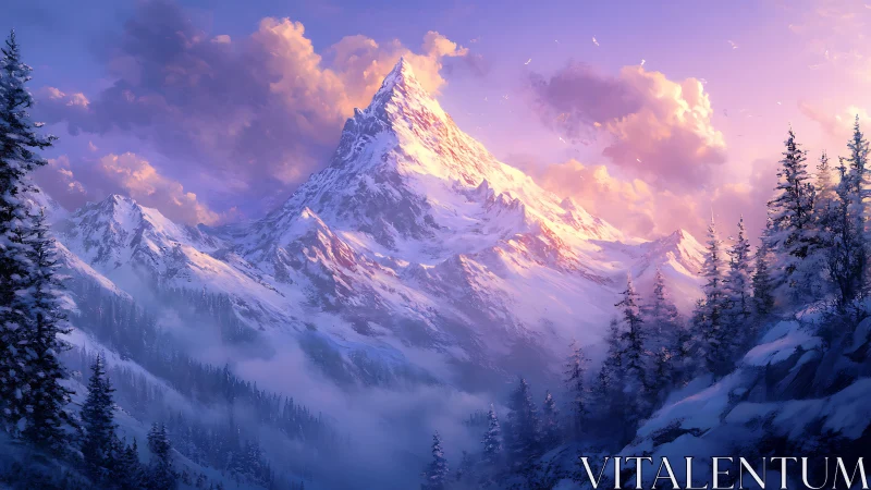 Snowy mountain peak under pink and purple sunset sky.
