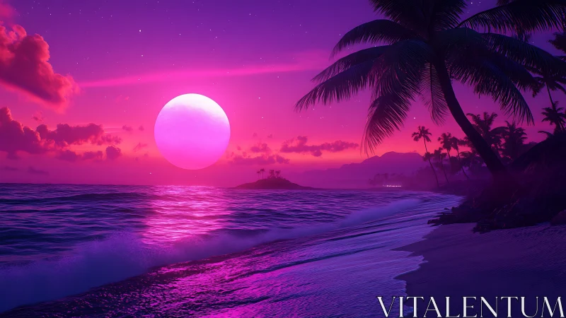 Dreamy neon sunset over a peaceful tropical shoreline.