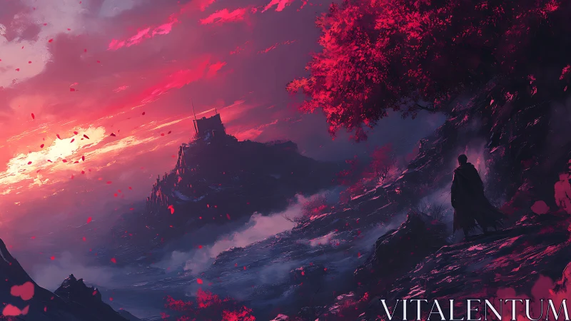 Solitary cloaked figure overlooks distant fortress at sunset