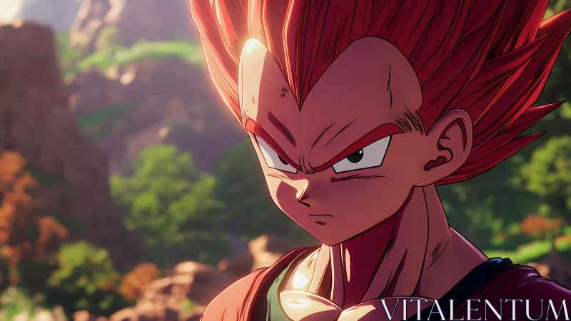 Red-haired anime warrior in rocky outdoor environment.