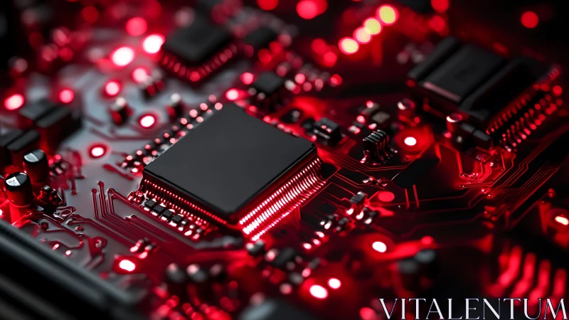 Red-illuminated microchip on circuit board in shallow focus