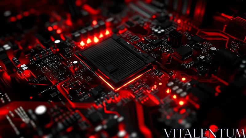 Red-illuminated CPU socket on dense digital motherboard circuit