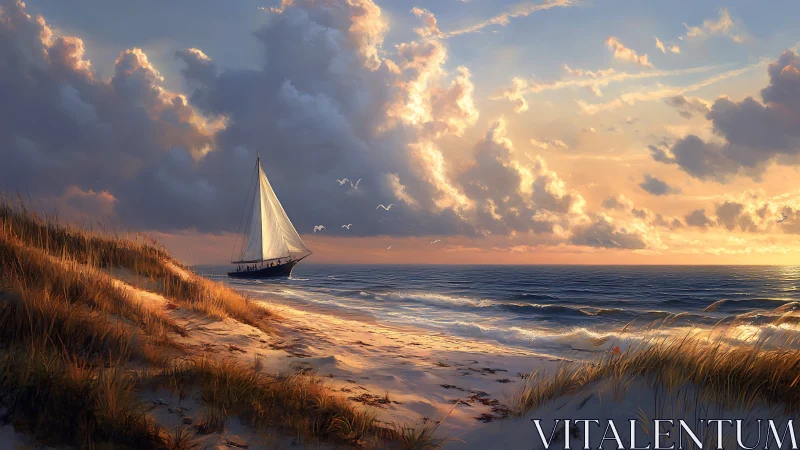 Sunlit sailboat drifts past windswept dunes at glowing dusk