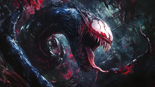 Serpentine symbiote creature with elongated jaws and high contrast lighting