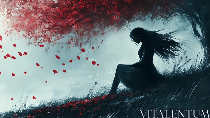 Melancholic girl silhouette under crimson blossom canopy.