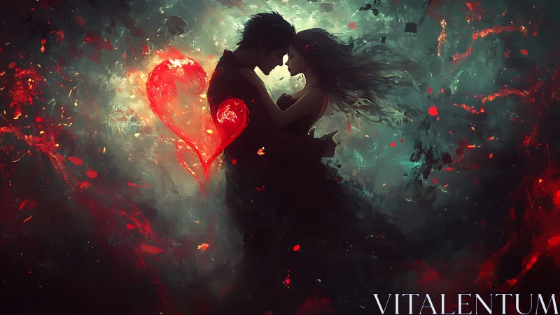 Silhouetted figures kissing with luminescent red heart shape amid chaotic particle effects