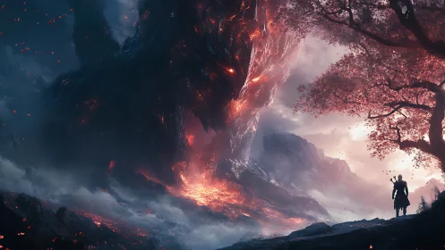 Lone wanderer meets a towering lava spirit at dusk.