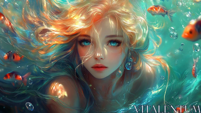 Ethereal underwater girl with luminous flowing hair and fish.