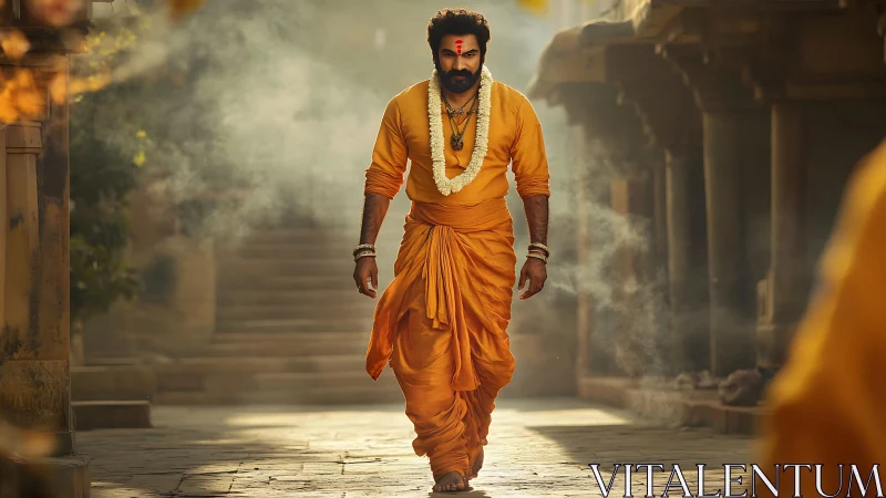 Holy man in saffron robes walking through misty street.