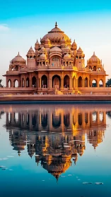 Photorealistic temple reflection with axial water symmetry design.