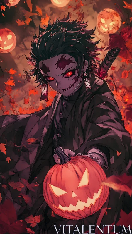 Moody pumpkin guardian roaming a fiery Halloween night.