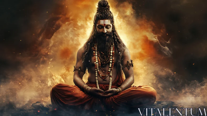 Meditating robed figure with ash markings before fiery haze.