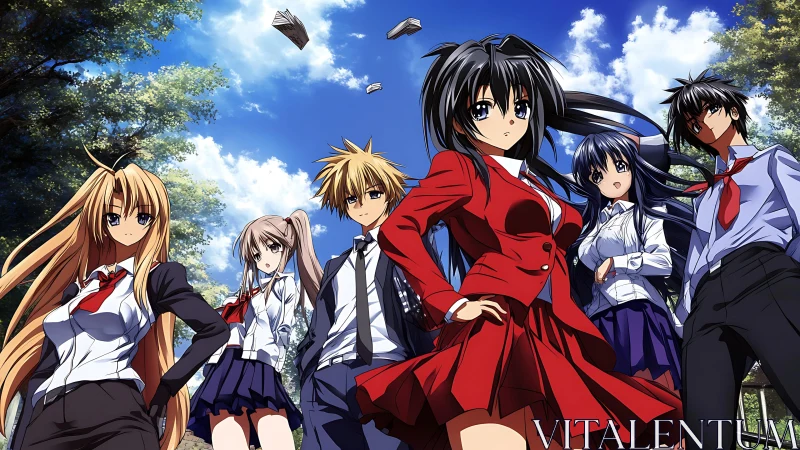 Confident anime students stand united under vivid summer sky