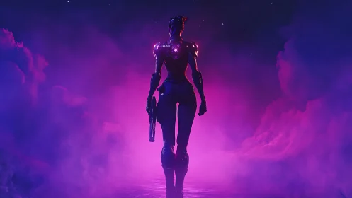 Cyborg figure with weapon in neon magenta fog environment.