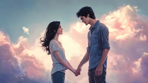 Two hearts connect beneath painted skies