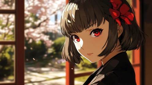 Crimson-eyed anime girl gazes softly in spring sunlight.