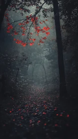 Crimson Foliage Path Through Moody Forest Mist.