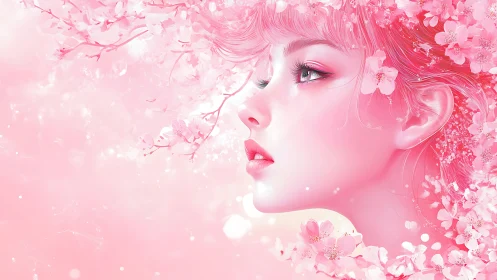 Side-profile blossom portrait in monochrome sakura pink ambience