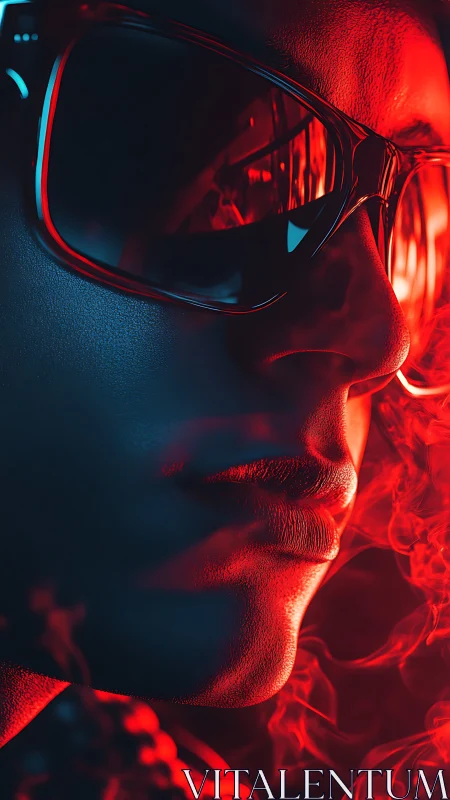 Neon red cyber portrait with reflective sunglasses glow.