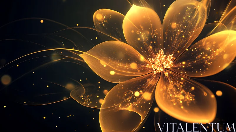 Glowing golden abstract flower with luminous petals on black