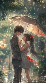 Romantic anime couple under umbrella in luminous summer rain
