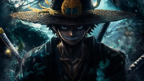 Straw hat swordsman in moonlit forest, high contrast anime portrait