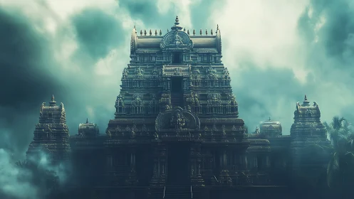 Storm-kissed temple citadel rising through emerald fog.