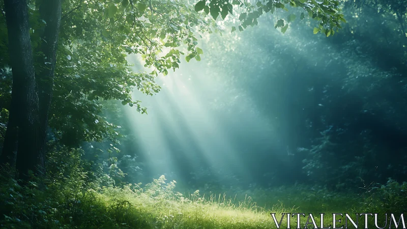 Sunbeams Filtering Through Lush Forest Canopy in Serene Morning Light.